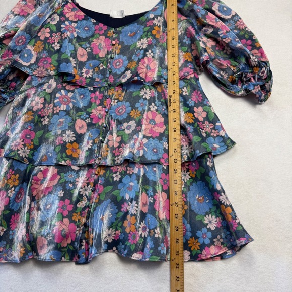 STORIA Womens Floral Tiered Puff Sleeve Mini Dress Metallic Blue Size L Cottage - Picture 7 of 10